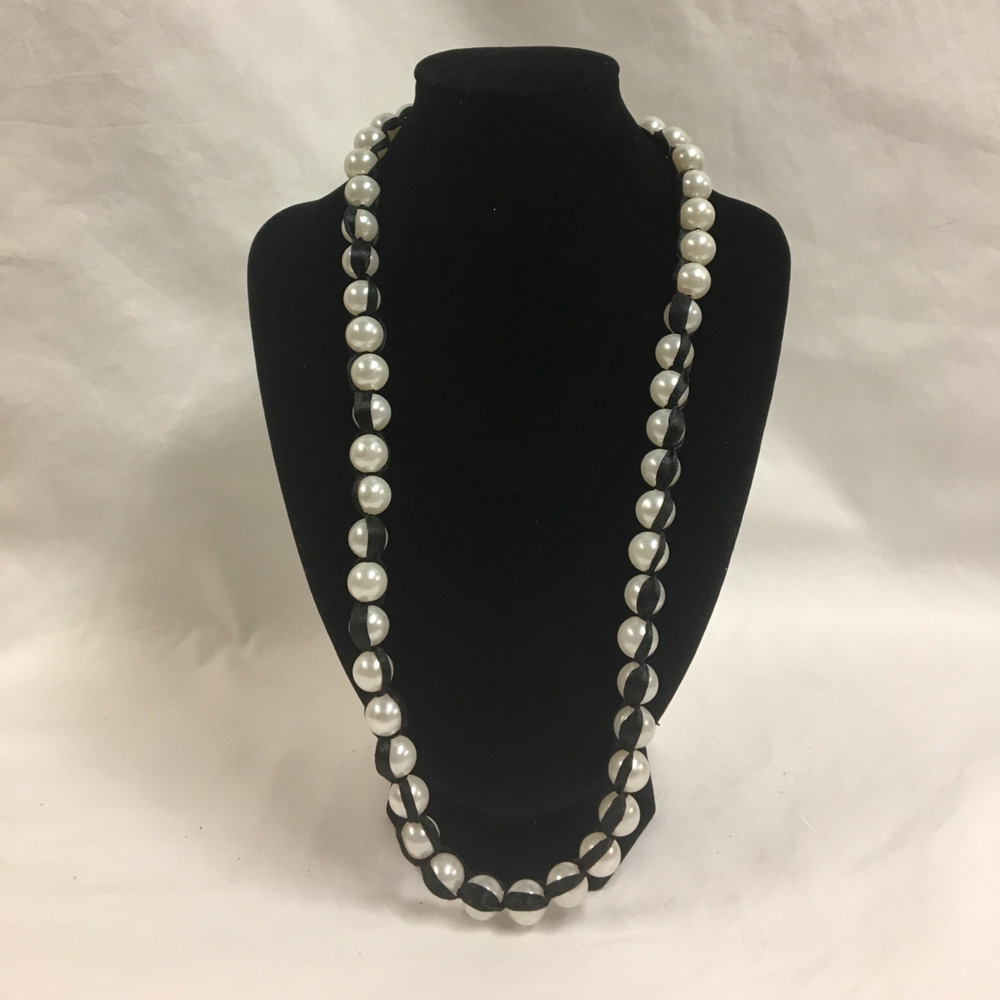 + Faux Pearl Necklace with Black Ribbon